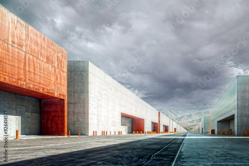 Wallpaper Mural Industrial Horizon. Description: A modern industrial complex under a dramatic sky, with contrasting architecture and a distant mountain range. Torontodigital.ca