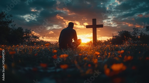 Silhouette of man kneeling near the wooden Christian cross during a sunset. Spiritual moment of prayer and reflection, peaceful surroundings, dramatic sky with warm colors. photo