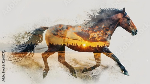 A majestic wild horse with a flowing mane runs free in the open plains.
