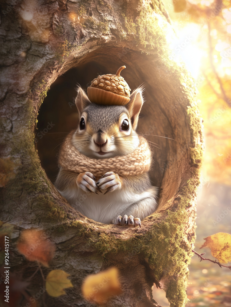 A charming squirrel peeks out from her cozy hollow, donning an acorn hat and wool scarf, as sunlight softly filters through the leaves. A charming squirrel peeks out from her cozy hollow, donning an acorn hat and wool scarf, as sunlight softly filters through the leaves.
