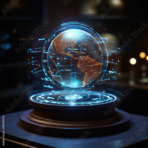 A glowing holographic globe displayed within an advanced technological interface, representing global data visualization and high-tech innovation.