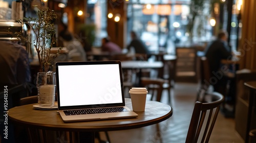 A laptop computer and a cup of coffee on a table in a cafe.