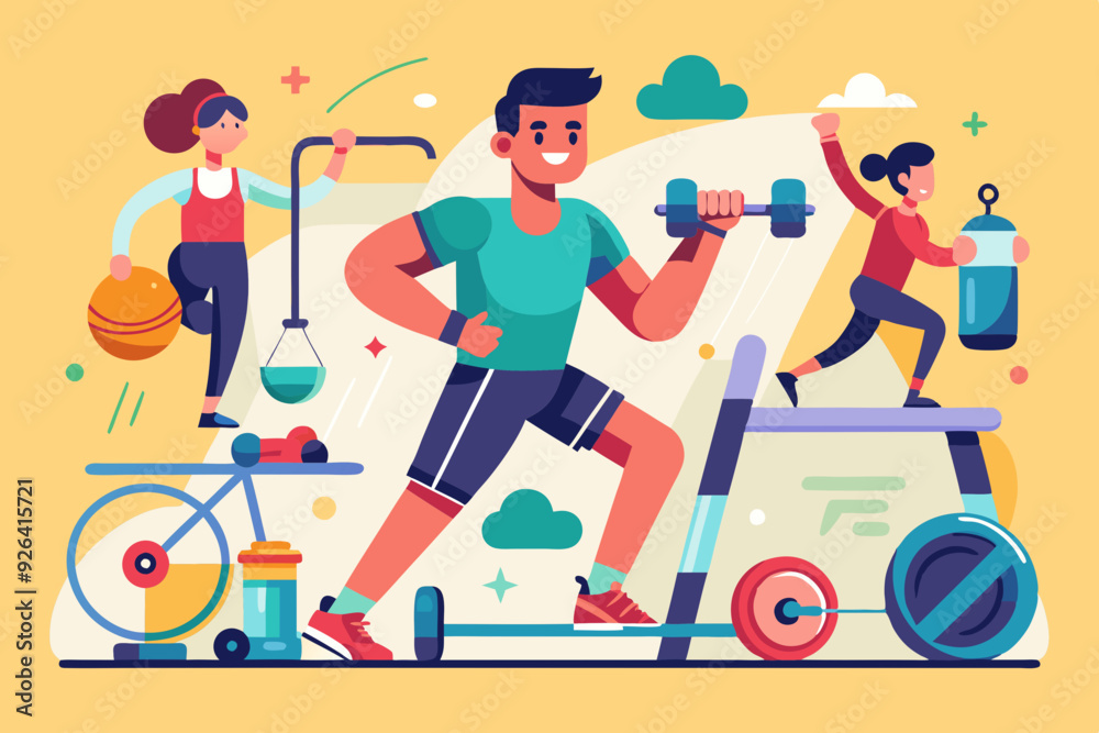 Set of sports character. The man in the gym is warming up and doing exercises on the simulators
Set of sports character. The man in the gym is warming up and doing exercises on the simulators