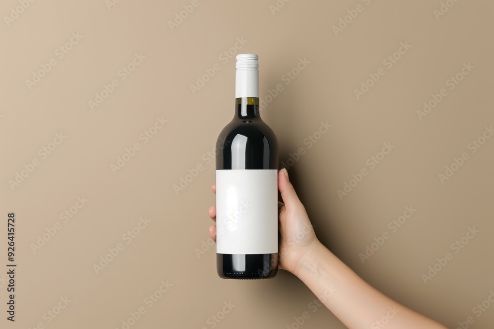 Woman's Hand Holding a Bottle of Wine Against a Neutral Light Brown Background Woman's Hand Holding a Bottle of Wine Against a Neutral Light Brown Background