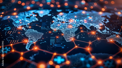 Global digital network visualization with glowing connections on world map. Concept of global connectivity, technology, and international communication. photo