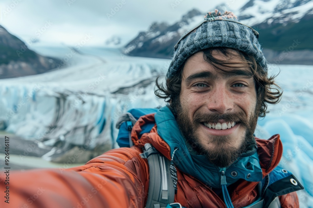 Smiling man taking a selfie in front of a glacier Smiling man taking a selfie in front of a glacier
