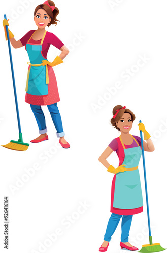 Cleaning lady wearing gloves and apron holding a broom on white background-