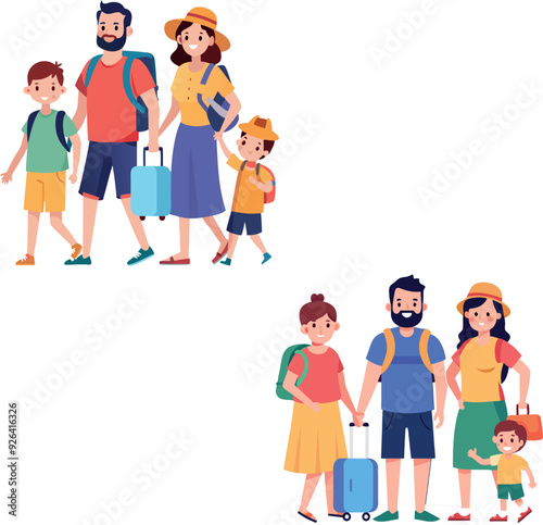 Happy family going on vacation holding luggage and smiling-