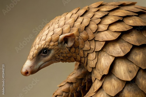 Close-up detail of a rare pangolin showcasing its unique scales and facial features