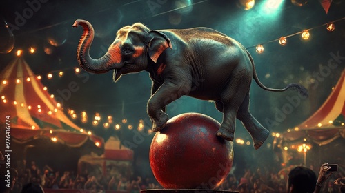 A majestic circus elephant balancing delicately on a ball, surrounded by bright lights and a cheering crowd photo