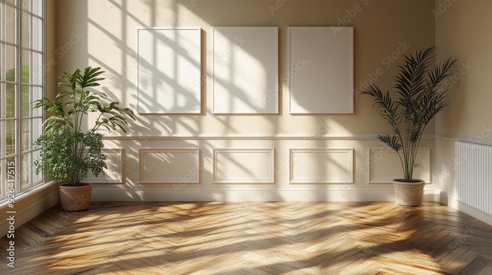Three vertical white blank wooden framed wall art mockups in sunlit room with houseplants and wooden floor. Minimalistic modern interior design concept. Three vertical white blank wooden framed wall art mockups in sunlit room with houseplants and wooden floor. Minimalistic modern interior design concept.
