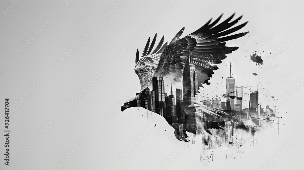 Obraz premium Bird flying over the city.