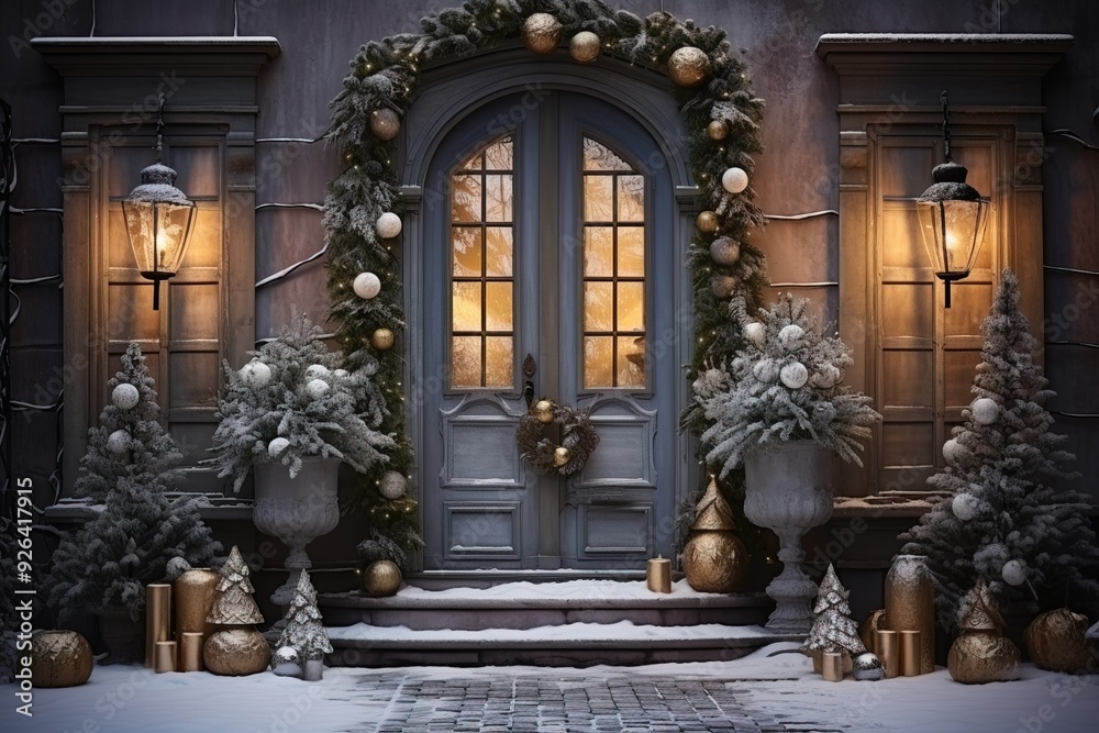 An old classical house decorated with Christmas trees and garlands with toys on Christmas Eve by lantern light An old classical house decorated with Christmas trees and garlands with toys on Christmas Eve by lantern light