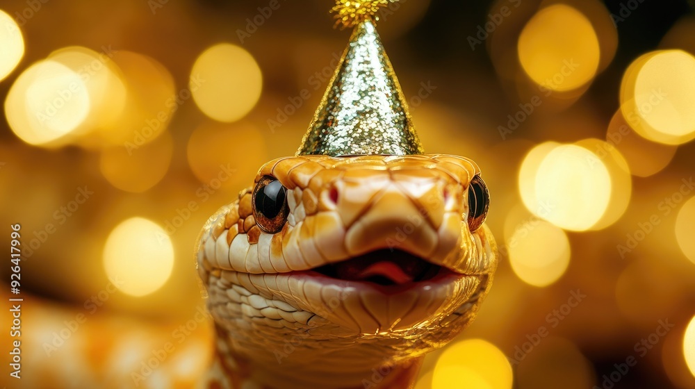 A smiling snake wearing a party hat, ready for Chinese New Year festivities, radiating happiness and cheer A smiling snake wearing a party hat, ready for Chinese New Year festivities, radiating happiness and cheer
