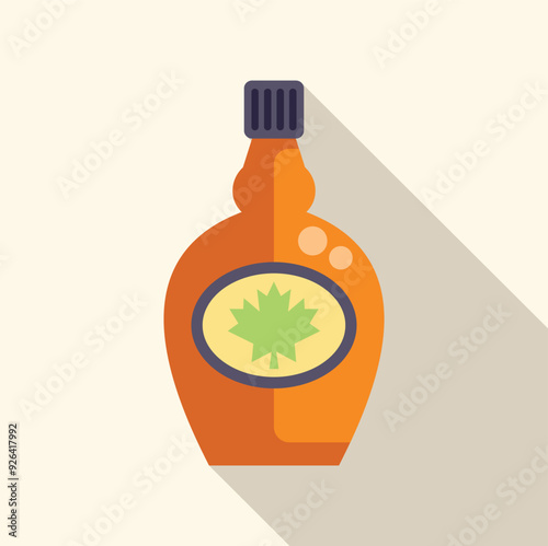 Glass bottle containing maple syrup with a maple leaf logo on a white background with a slight shadow