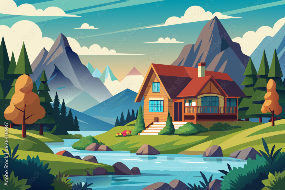 Cozy country house on the river bank against the backdrop of mountainous terrain. Picturesque landscape
Cozy country house on the river bank against the backdrop of mountainous terrain. Picturesque landscape