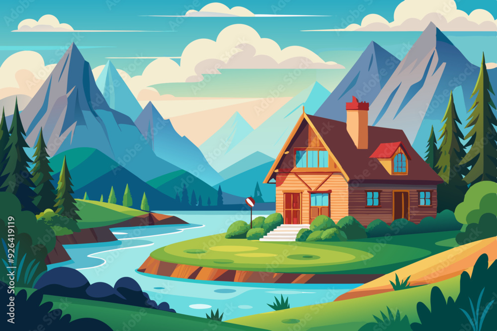 Cozy country house on the river bank against the backdrop of mountainous terrain. Picturesque landscape
Cozy country house on the river bank against the backdrop of mountainous terrain. Picturesque landscape