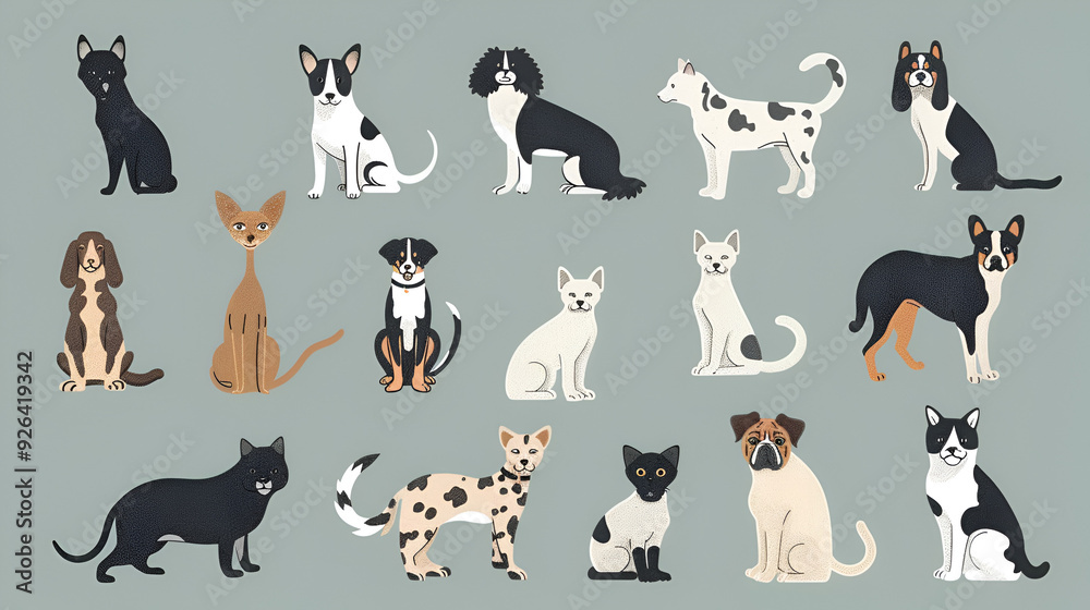 Different pets in various poses. Hand drawn big illustration Different pets in various poses. Hand drawn big illustration
