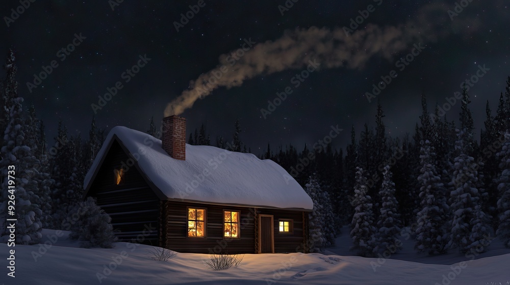 Snow-Covered Cabin in a Remote Forest at Night with Warm Light Glowing ...
