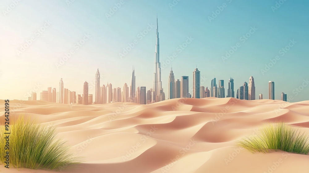 3D illustration featuring an abstract design template of a Middle Eastern skyline, seamlessly blending skyscrapers with natural elements like dune sands. 3D illustration featuring an abstract design template of a Middle Eastern skyline, seamlessly blending skyscrapers with natural elements like dune sands.