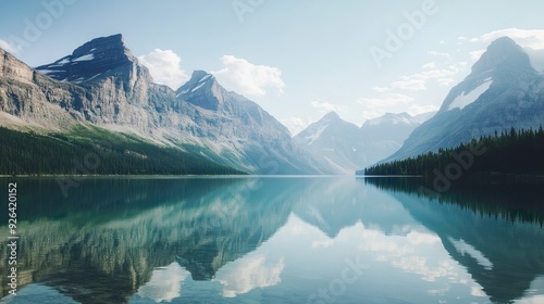 Tranquil Mountain Lake Surrounded by Tall Snow-Capped Peaks with a Glass-Like Surface Reflecting the Clear Sky and Rugged Landscape. AI generated illustration