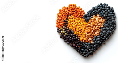 Heart made of Lentils and Split Peas, Lentils and Split Peas isolated on white background, Lentils and Split Peas background, space for text 