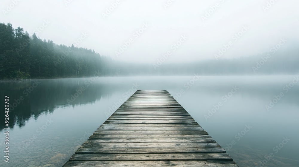 Weathered Wooden Pier Extending into a Foggy Lake with Calm Waters and Dense Forest Barely Visible in the Distance. AI generated illustration Weathered Wooden Pier Extending into a Foggy Lake with Calm Waters and Dense Forest Barely Visible in the Distance. AI generated illustration