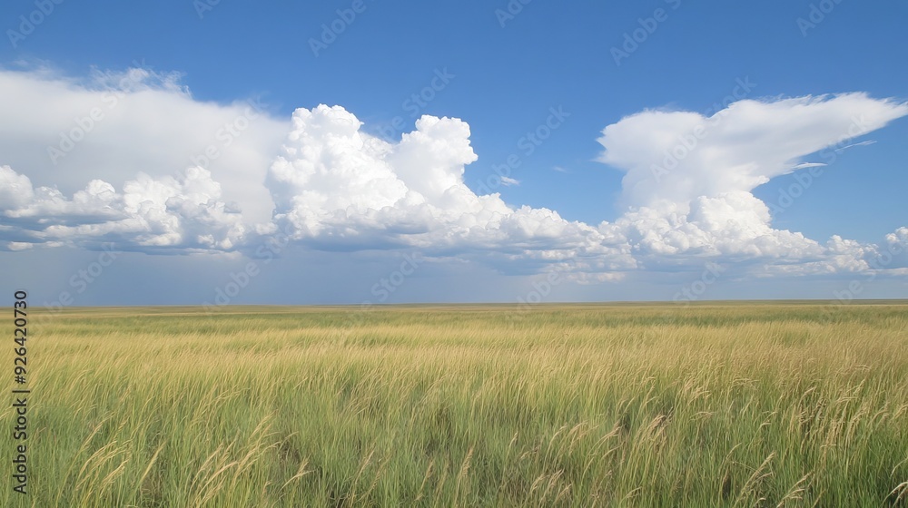 Wide-Open Prairie with Tall Grasses Waving in the Wind, Under a Vast Sky Filled with Towering Cumulus Clouds and Distant Thunder. AI generated illustration Wide-Open Prairie with Tall Grasses Waving in the Wind, Under a Vast Sky Filled with Towering Cumulus Clouds and Distant Thunder. AI generated illustration