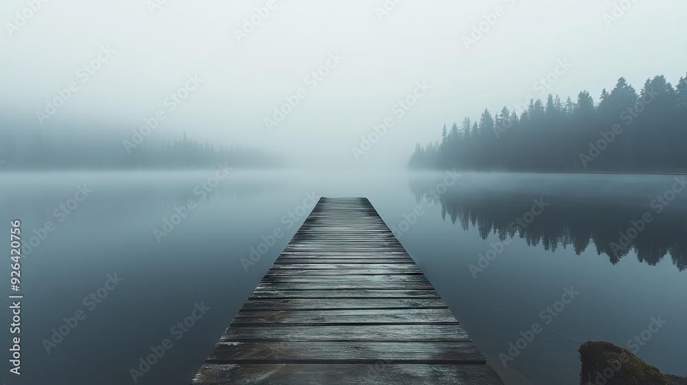 Fototapeta premium Weathered Wooden Pier Extending into a Foggy Lake with Calm Waters and Dense Forest Barely Visible in the Distance. AI generated illustration