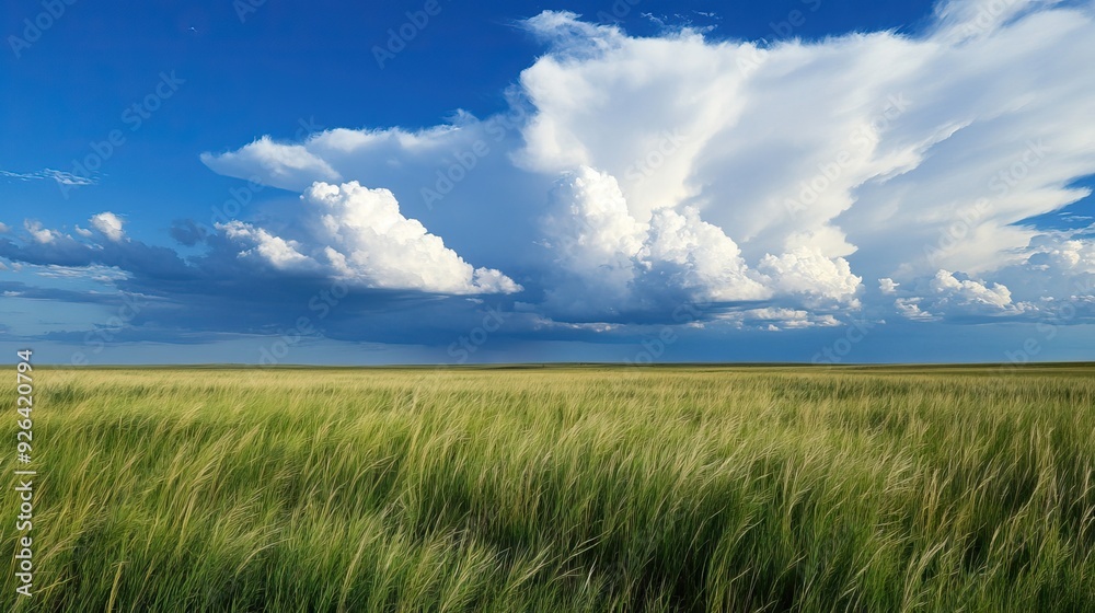 Wide-Open Prairie with Tall Grasses Waving in the Wind, Under a Vast Sky Filled with Towering Cumulus Clouds and Distant Thunder. AI generated illustration Wide-Open Prairie with Tall Grasses Waving in the Wind, Under a Vast Sky Filled with Towering Cumulus Clouds and Distant Thunder. AI generated illustration