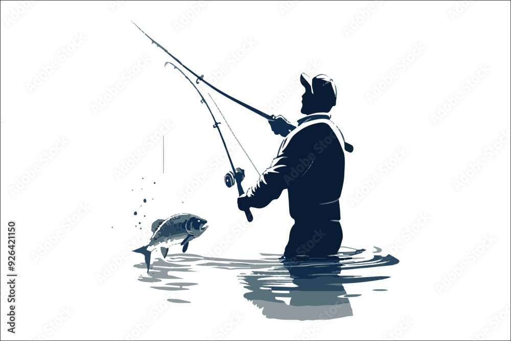 Obraz premium Fisherman at Peaceful Mountain Lake and vector silhouette