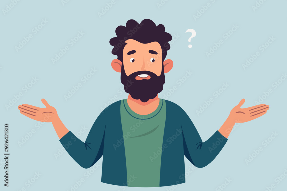 Bearded man emotionally spreads his hands. Question what's going on or why? Vector illustration
Bearded man emotionally spreads his hands. Question what's going on or why? Vector illustration