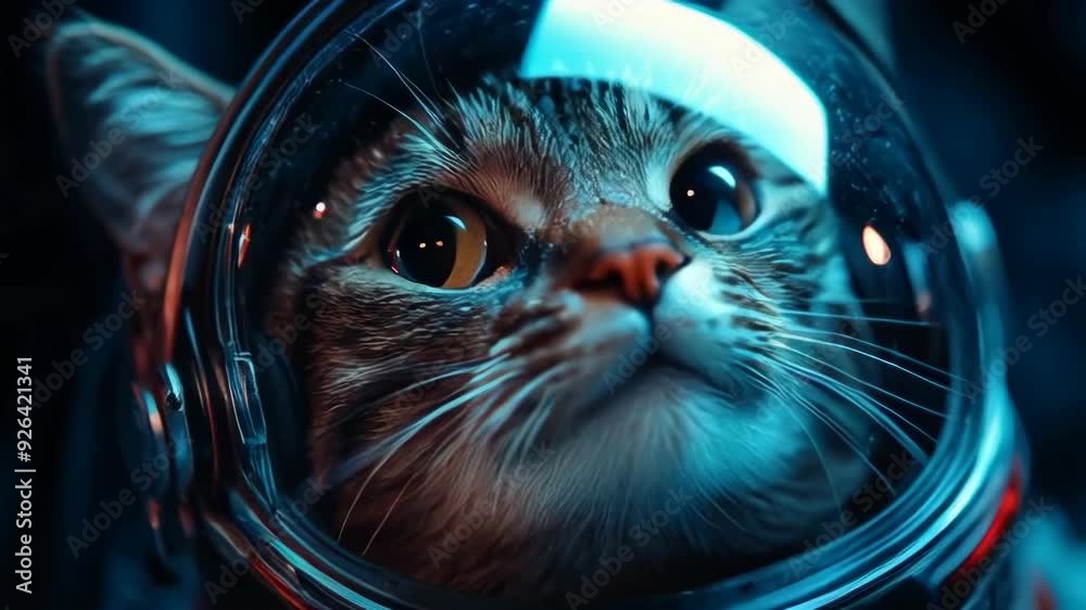Curious cat in a space helmet gazing at stars with wonder. Space exploration concept Curious cat in a space helmet gazing at stars with wonder. Space exploration concept