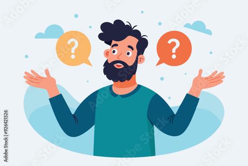 Bearded man emotionally spreads his hands. Question what's going on or why? Vector illustration
