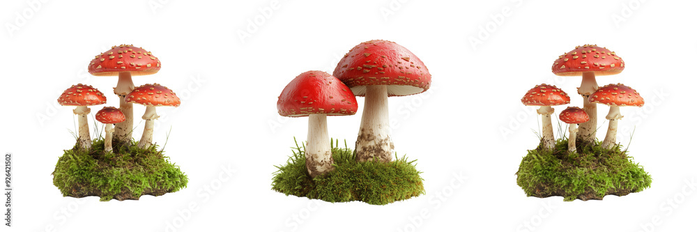 Obraz premium Mushrooms and green moss isolated on white background Mushrooms and Nature Concept 