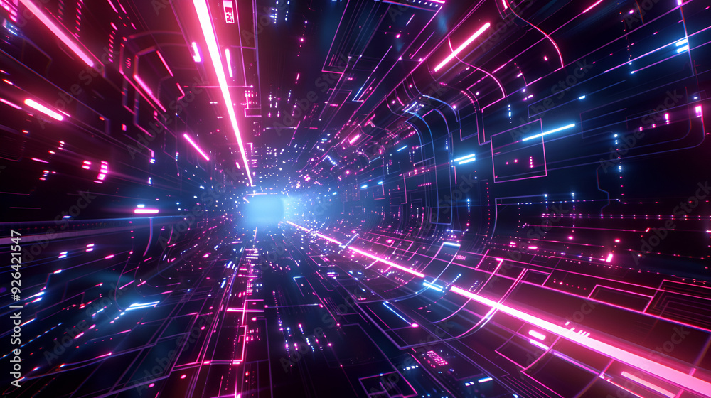 Fototapeta premium Digital technology metaverse neon blue pink background