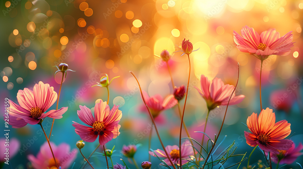 Vibrant cosmos flowers blooming in a meadow at golden hour, with bokeh effect in the background. Concept of natural beauty, serenity, and floral splendor. Vibrant cosmos flowers blooming in a meadow at golden hour, with bokeh effect in the background. Concept of natural beauty, serenity, and floral splendor.
