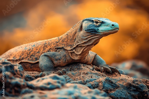 Rare Komodo dragon resting on rocky terrain in warm sunlight photo