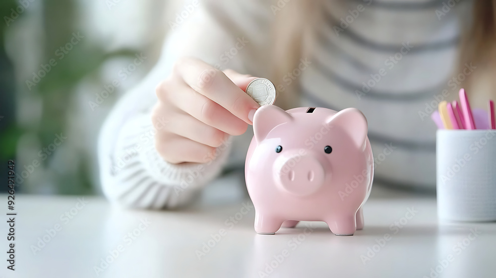 Woman putting coin into piggy bank at white table indoors, closeup. Generative AI illustration Woman putting coin into piggy bank at white table indoors, closeup. Generative AI illustration