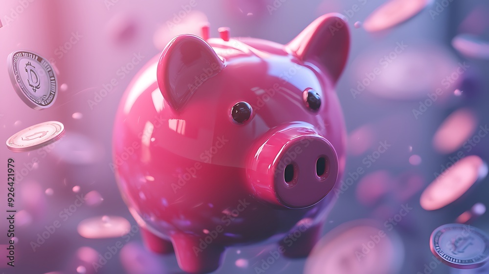 A 3D piggy bank with floating currency symbols, symbolizing savings and investments A 3D piggy bank with floating currency symbols, symbolizing savings and investments