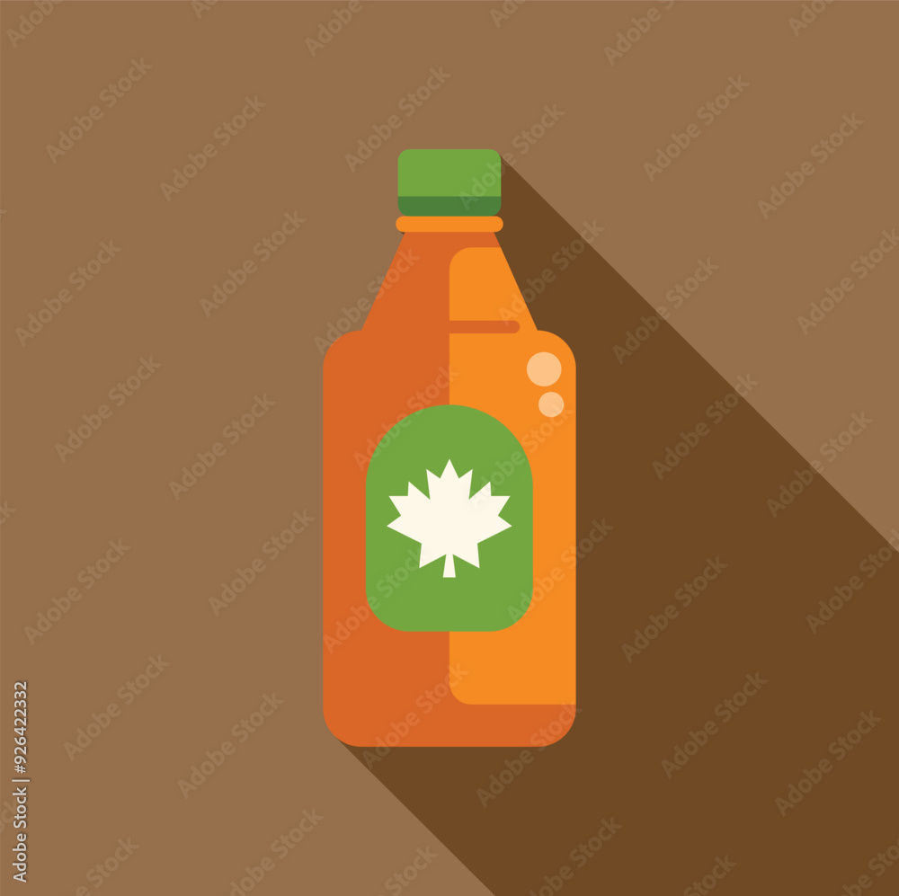 Orange bottle of maple syrup with a green label featuring a white maple leaf is standing on a brown background Orange bottle of maple syrup with a green label featuring a white maple leaf is standing on a brown background