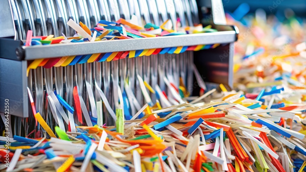 A close-up of a paper shredder's metal teeth churning through a colorful mix of confidential documents, shredding them into tiny, unreadable strips. A close-up of a paper shredder's metal teeth churning through a colorful mix of confidential documents, shredding them into tiny, unreadable strips.