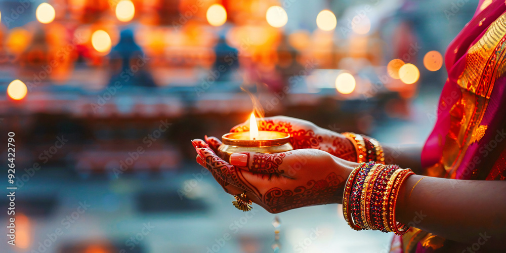 Fototapeta premium An Indian woman with a candle in her hand. The woman is wearing a red sari.