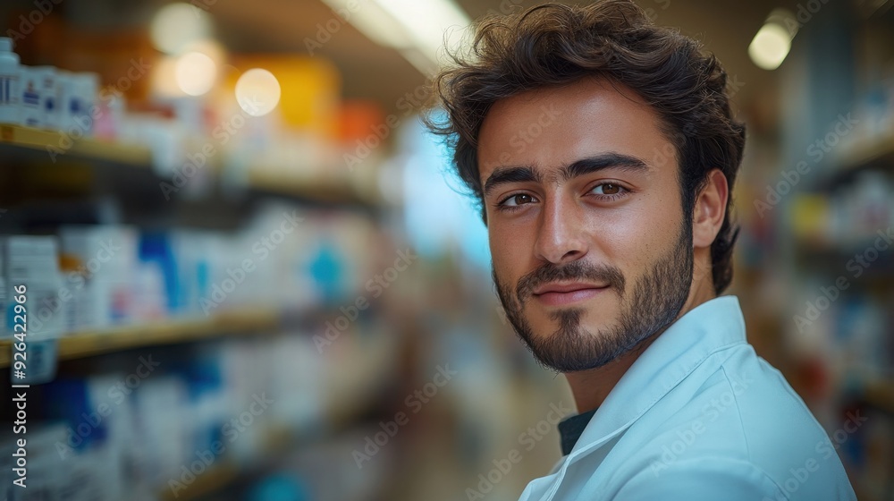 A young pharmacist confidently glances over his shoulder in a well-lit pharmacy aisle.
A young pharmacist confidently glances over his shoulder in a well-lit pharmacy aisle.