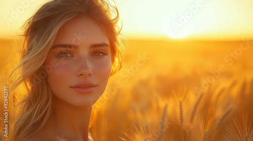 A close-up portrait of a young woman with soft freckles and flowing hair, bathed in warm golden sunlight in a wheat field.