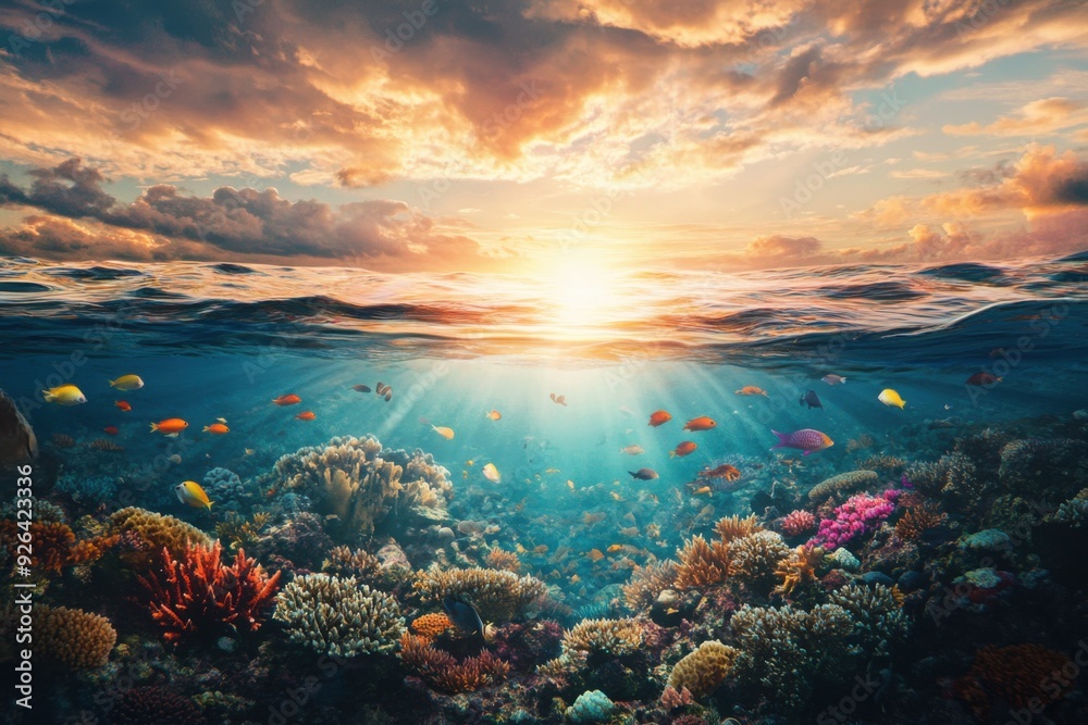 Serene ocean view at sunset with vibrant coral reefs and colorful fish Serene ocean view at sunset with vibrant coral reefs and colorful fish