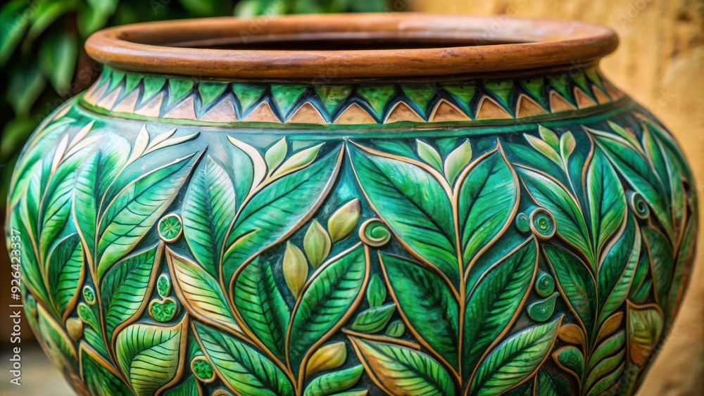 A close-up shot of a clay pot adorned with a vibrant, intricate leaf pattern in shades of green, set against a neutral background. A close-up shot of a clay pot adorned with a vibrant, intricate leaf pattern in shades of green, set against a neutral background.