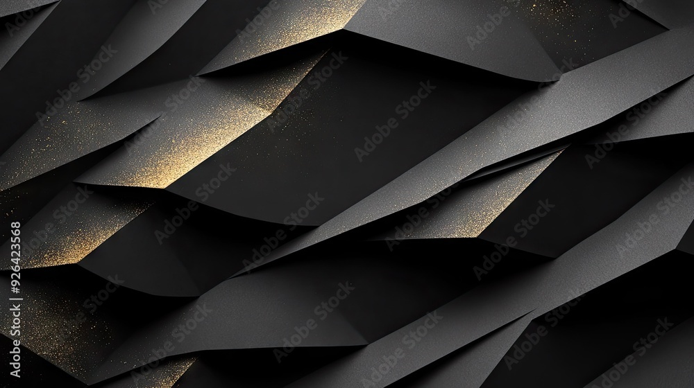 Elegant 3D design with black paper layers sliced in geometric shapes, enhanced with golden glittering accents for a sophisticated and stylish backdrop. Elegant 3D design with black paper layers sliced in geometric shapes, enhanced with golden glittering accents for a sophisticated and stylish backdrop.
