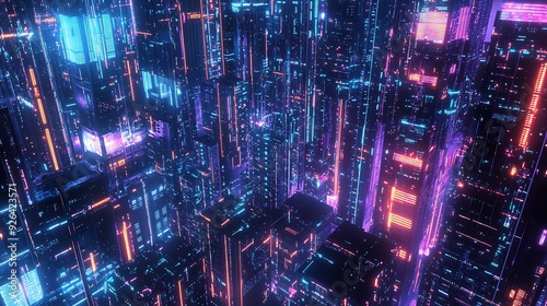 A futuristic technology hub with neon-lit skyscrapers and advanced data centers