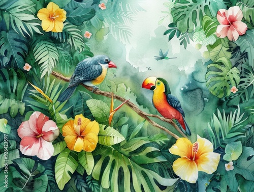 Tropical Rainforest: Watercolor Birds and Flowers Wallpaper